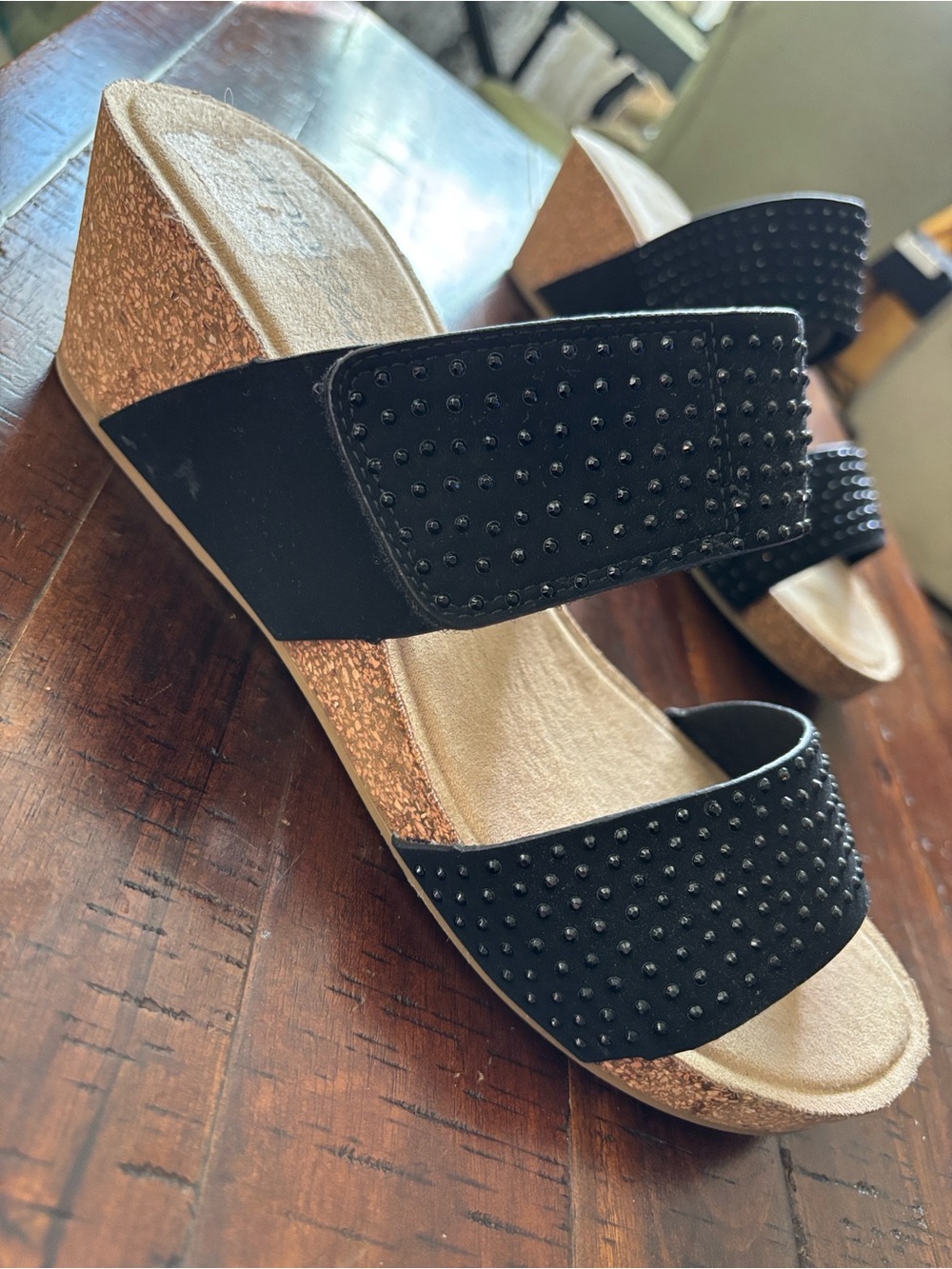 Cork Wedge Black Rhinestone Covered Double Strap Slide Sandals Size 11M - Picture 16 of 16